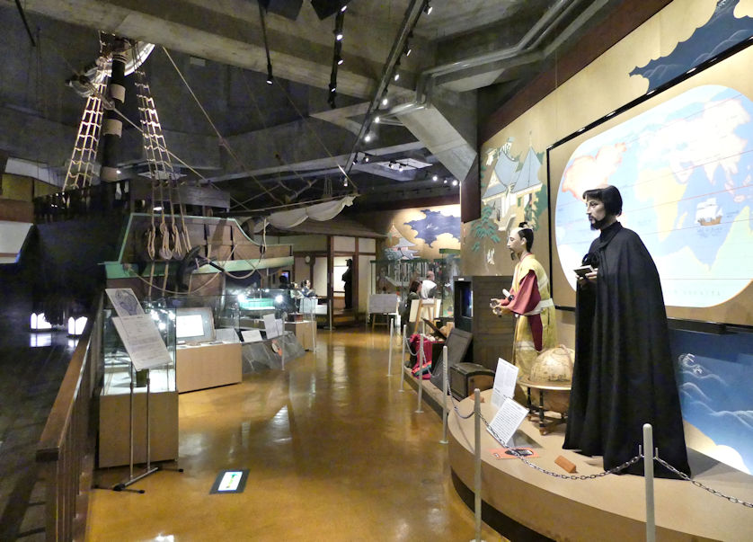 Interior of the Shiro Amakusa Memorial Hall including a reproduction of the bow of the Golden Hind, the English ship captained by Sir Francis Drake.