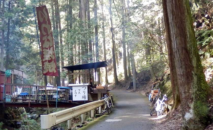 Grilled fish is served on the way to the falls, Ogose, Saitama Prefecture.