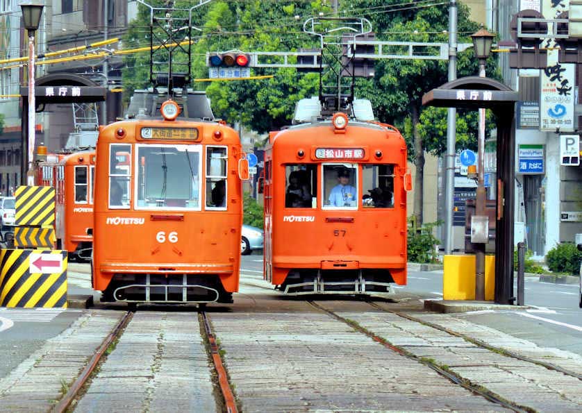 Iyotetsu trams in Matsuyama.