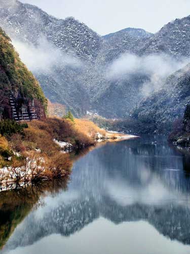 Gonokawa River caught in a snow storm, Shimane, Japan.