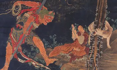 Kukai (Kobo Daishi) Practicing the Tantra, with a Demon (Oni) and Wolf, by Katsushika Hokusai