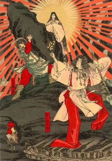 Amaterasu sortant de la caverne (Shunsai Toshimasa, XIXe s.)