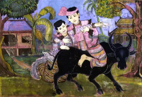 &quot;Couple on a buffalo&quot;, table Saya Kha (late nineteenth, Burma) on display at the Asian Art Museum in Fukuoka.