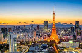 Le soleil se couche sur la tour de Tokyo et sur la mégalopole japonaise