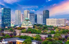 Osaka castle, surrounded by city business center skycrapers