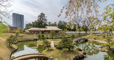 Pond with bridges over in a garden in Kanazawa