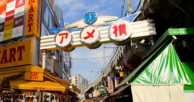 Il famoso porticato che segna l'ingresso al viale Ameya Yokocho a Ueno.