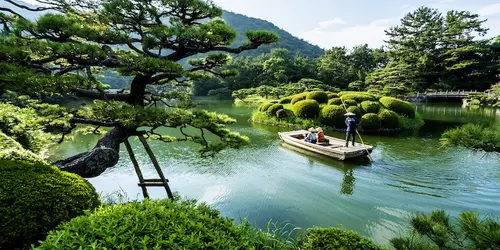 Visitors in a boat visiting a Japanese garden