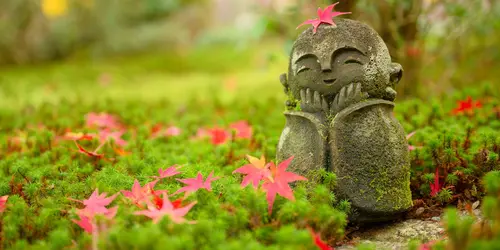 Red Maple leaf on head of little Japanese Buddhist monk doll rock in Japanese Garden