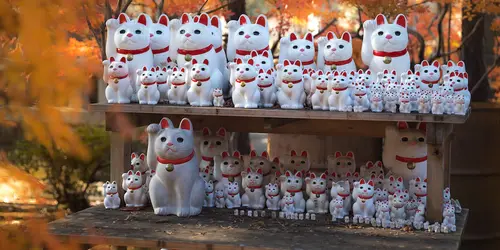 Maneki-neko en un templo de Tokio