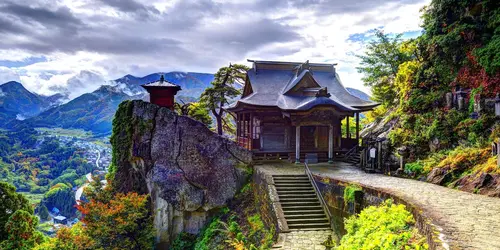 High perched Yamadera temple, in Japan Tohoku mountains