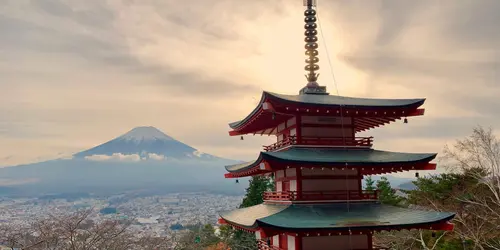 Mount Fuji from Kawaguchiko pagoda at sunset