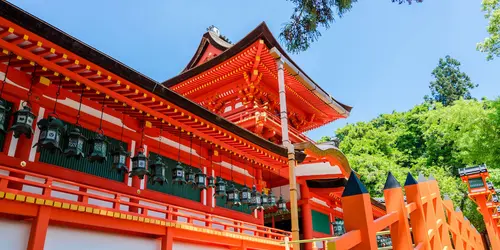 Linternas en el santuario Kasuga Taisha en el parque de Nara, Patrimonio Mundial de la Unesco