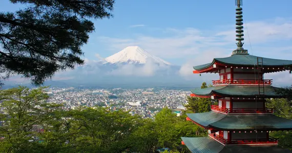 Pagoda with Mt Fuji in the background. 